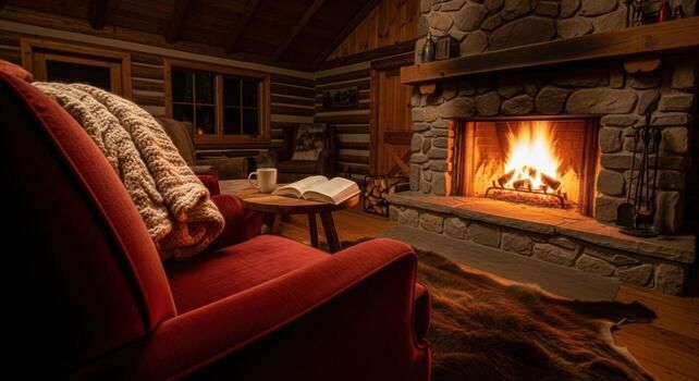 Inviting fireplace burning beside a red armchair