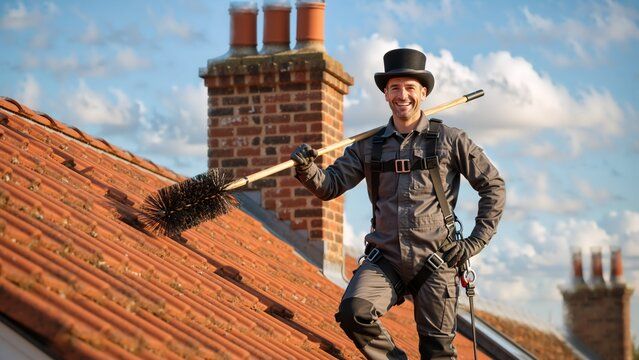 Sweep beside a potted brick chimney on a tiled roof