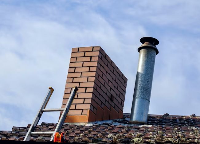 Rebuilt brick chimney beside a new metal flue on a Newark roof