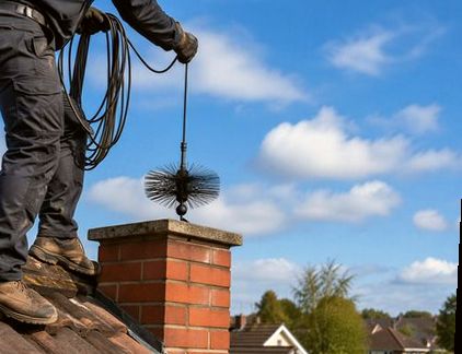 Rod-mounted brush cleaning a brick flue from a Newark rooftop
