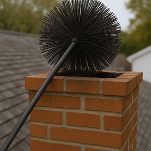 Round flue brush resting at the top of a brick chimney