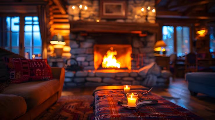 Warm stone fireplace glowing in a restored living room