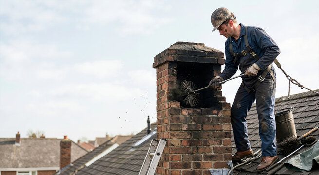 Chimney sweep brushing a soot-stained brick stack above a Newark rooftop
